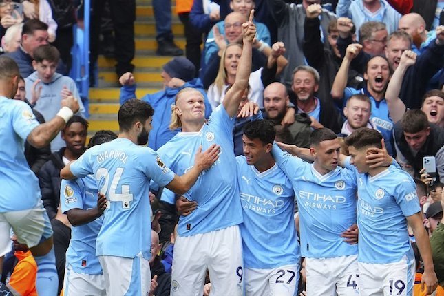 Selebrasi pemain Manchester City usai berhasil menang pada laga terakhir Liga Inggris pekan lalu